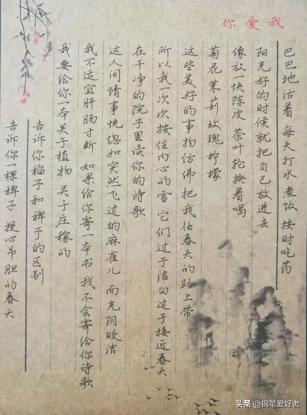 Evan Li點評餘秀華詩詞《我愛你》鋼筆字練字打卡作業欣賞