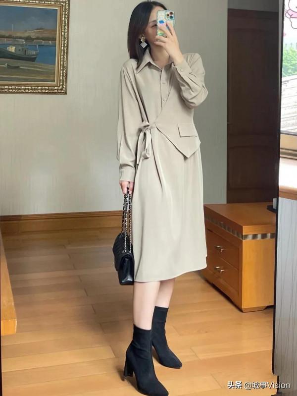 杏色連衣裙，秋天同款迷人懷舊