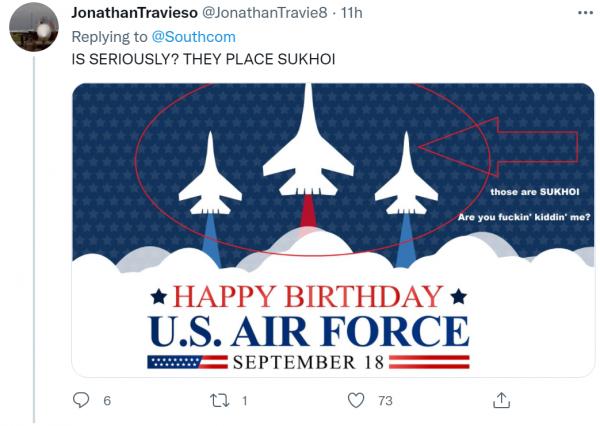 美國南方司令部給美空軍慶生海報卻用了俄戰機照片,俄媒超諷刺:謝謝,同志們 美國南方司令部給美空軍慶生海報卻用了俄戰機照片,俄媒超諷刺:謝謝,同志們