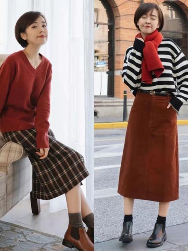 “毛衣+過膝裙”果然是秋季正確開啟方式，保暖舒適，還很提氣質