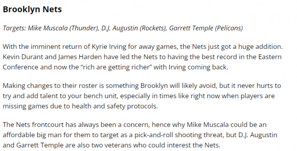 用人荒外加麻煩不斷！媒體建議籃網追兩老將，10+4工兵要二進宮？