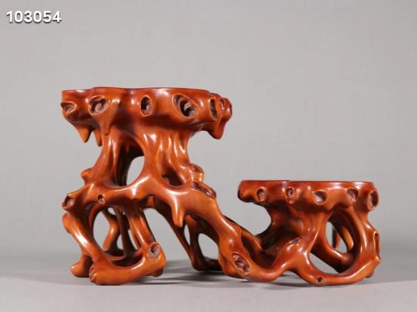 迴流「黃楊木鑲嵌櫻木 盤根錯節 文房底座」規格：長20寬13.5高12cm