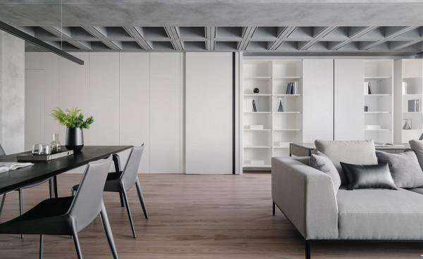 陽光明媚，灰白相間的公寓