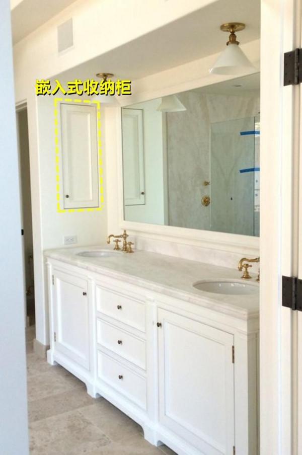 衛生間幹區空間小，問題也不大，側牆裡“揣”個櫃子儲物不佔空間