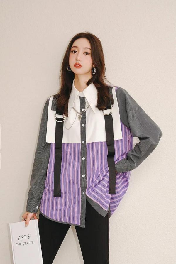 歐版時尚街頭工裝風襯衫假兩件揹帶