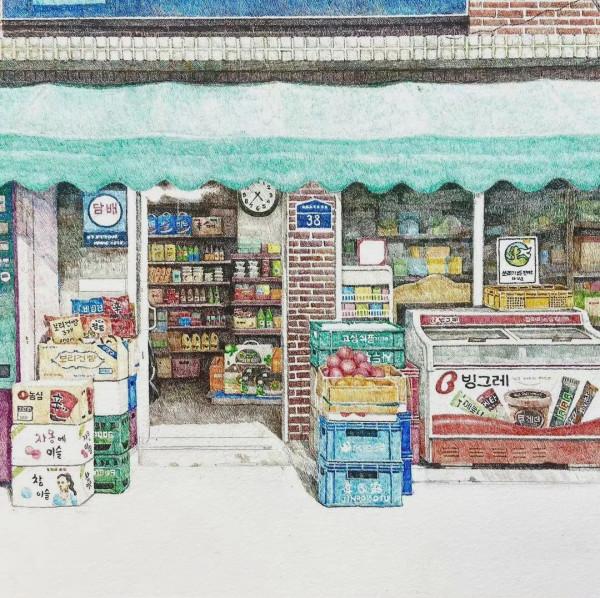 【繪畫參考】韓國畫師Lee me kyeoung記錄傳統街邊小店 ​（場景參考）