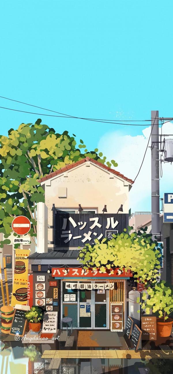 小清新動漫插畫桌布，治癒的街邊小店