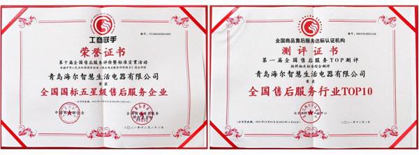 海爾生活家電斬獲“全國國標五星級售後服務企業”等兩項大獎