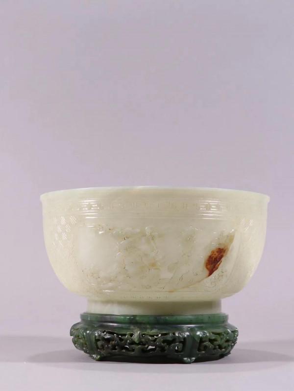 清代：和田籽料雕人物故事玉碗