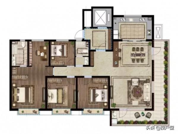 220平米端景大邊廳戶型，轉角陽臺讓人眼前一亮，主臥如總統套房