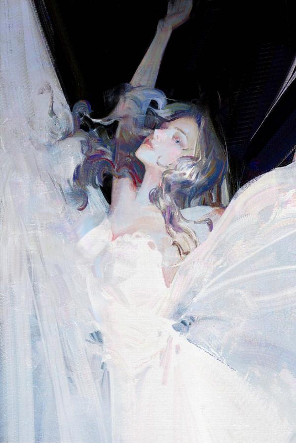 高階油畫質感的插畫作品，筆下的白衣少女太夢幻了