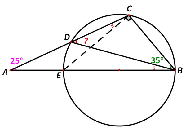 已知∠A=25°，∠CBD=35°，求紅色角度數