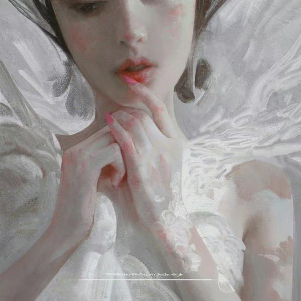 高階油畫質感的插畫作品，筆下的白衣少女太夢幻了