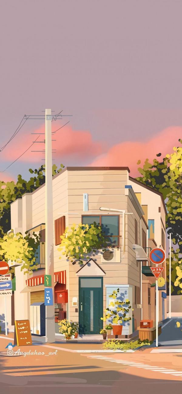 小清新動漫插畫桌布，治癒的街邊小店