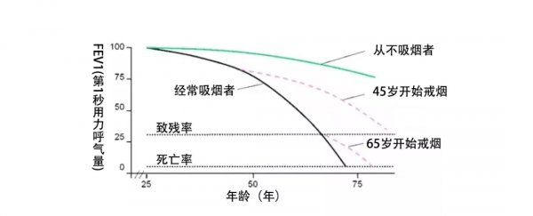 慢阻肺患者戒不戒菸,5年內肺功能變化差異有多大? 慢阻肺患者戒不戒菸,5年內肺功能變化差異有多大?