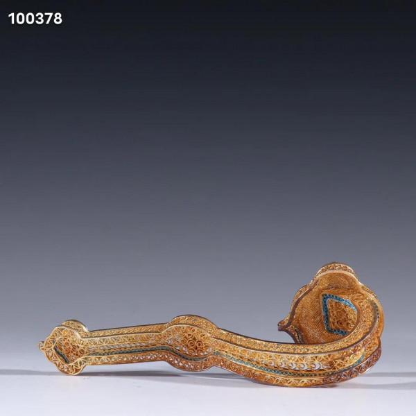 迴流 純銀花絲燒藍嵌碧璽如意擺件