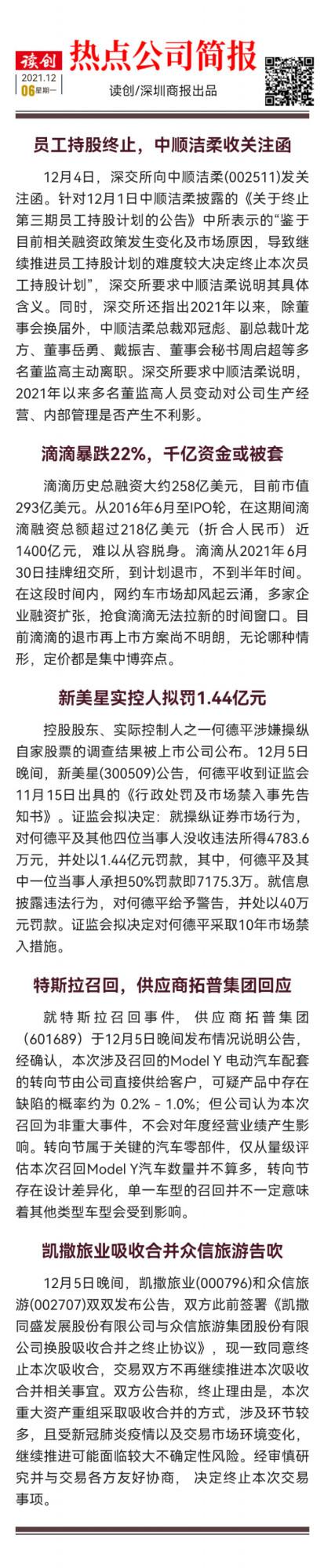 熱點公司簡報 | 滴滴暴跌22%，千億資金或被套；員工持股終止，中順潔柔收關注函