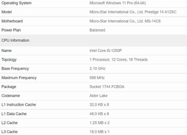 英特爾酷睿i5-1250P出現在基準測試中，效能強於酷睿i7-11800H