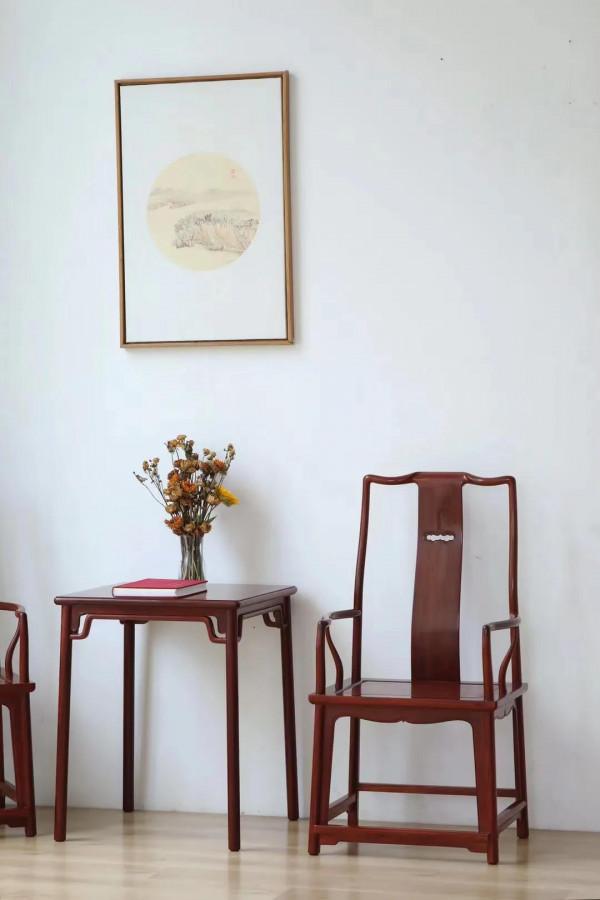 尚比亞血檀高靠背南官帽椅三件套前後通根 面板一木同開