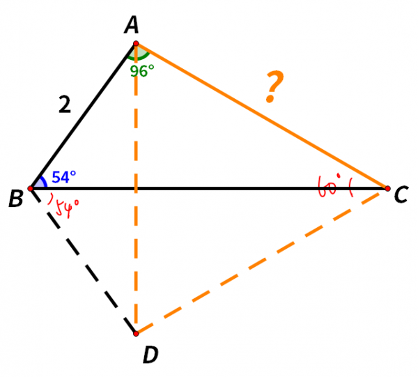 已知AB=2，∠A=96°，∠B=54°，求AC長
