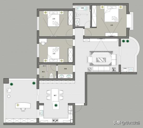 150㎡現代婚房，採用黑白灰三色拼貼拉伸空間、開放式廚房