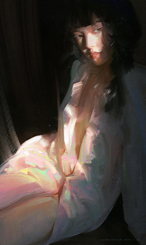 高階油畫質感的插畫作品，筆下的白衣少女太夢幻了