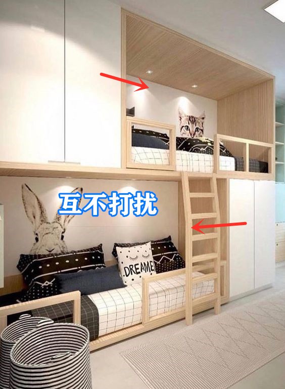 傳統上下鋪已經淘汰，如今流行錯位式設計，互不打擾實現雙櫃收納