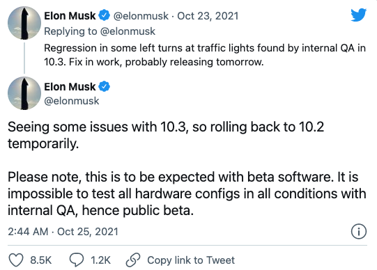 特斯拉暫時撤回FSD全自動駕駛10.3版：新版本發現問題