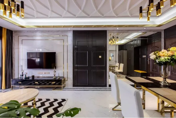 小戶型也能駕馭輕奢風，配色豔而不俗，黃銅+大理石高階感爆棚