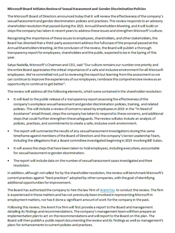 微軟董事會同意審查公司性騷擾和性別歧視政策和做法