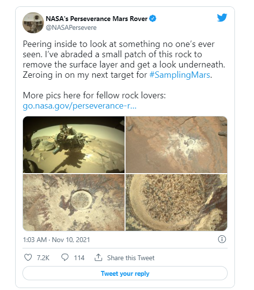 NASA“毅力號”火星車對岩石進行粗加工 窺視“沒有人見過的東西”