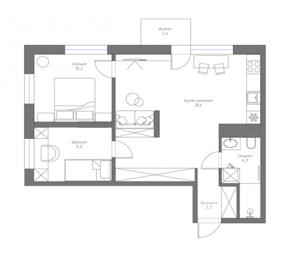 58㎡一室變兩室，廚房做隔斷微型客廳，還有整面牆大衣櫃，超羨慕