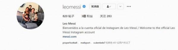 梅西社交媒體粉絲數突破3億 排名歷史第四位
