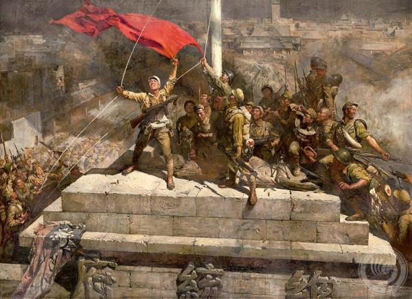 解放軍攻佔“總統府”，看到牆上蔣介石畫像，戰士們抬槍一個點射