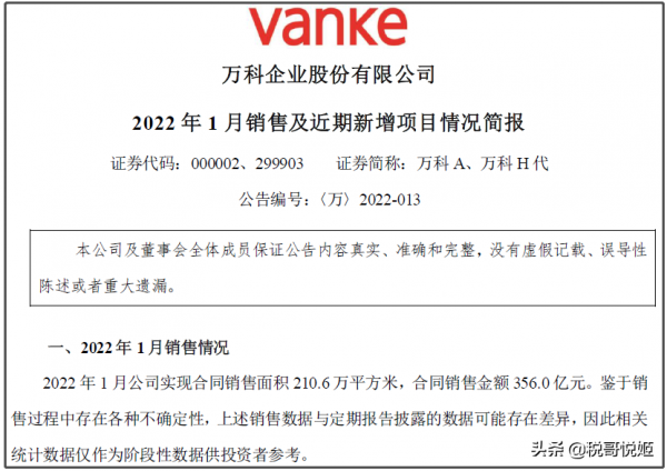 萬科：2021年1月合同銷售金額356億，同比下滑50&percnt;