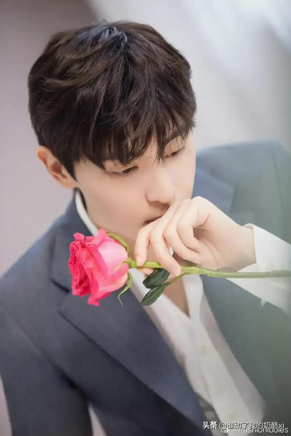 鄧倫手持玫瑰，溫文爾雅