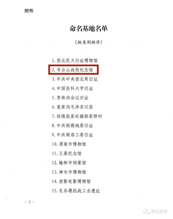 【喜報】熱烈祝賀爺台山戰役紀念館被命名為陝西省愛國主義教育基地