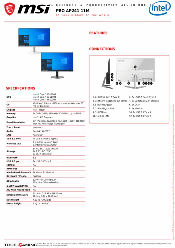 微星釋出PRO AP241 11M一體機：採用11代酷睿桌面處理器