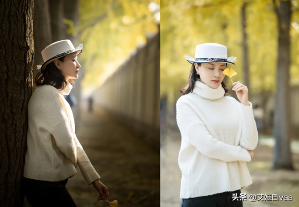 央視主持劉芳菲不上班真會打扮，穿毛衣配蕾絲帽，杏樹底下似名媛