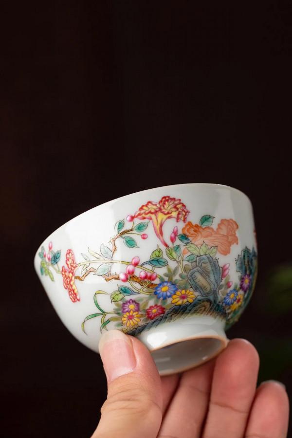 精工手繪粉彩雞冠花詩文主人杯 景德鎮陶瓷瓷器茶具茶杯