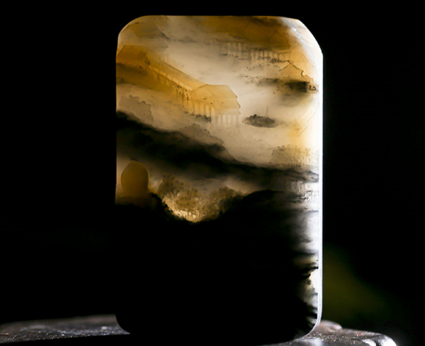 青花籽料玉牌，江南山水