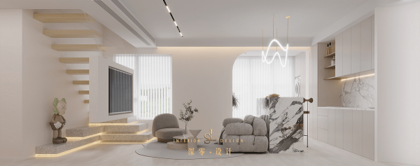 這是我見過最前衛的樓梯設計，電視牆懸浮裝在扶手上，科技感十足