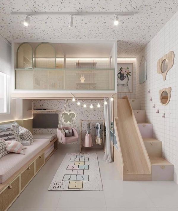 兒童房不用做上下鋪，打個地臺床可睡2個娃，頂部再掛個多功能區