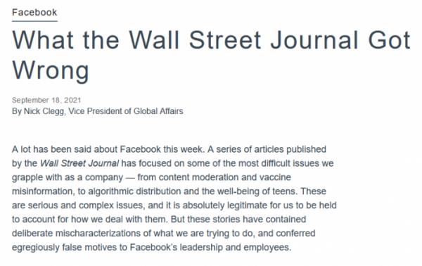 Facebook抨擊《華爾街日報》系列報道&quot;故意曲解&quot;