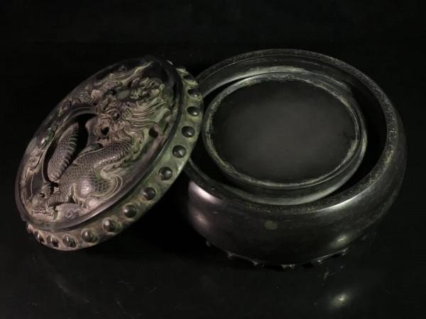 舊藏端硯 龍鳳呈祥 帶蓋石鼓硯
