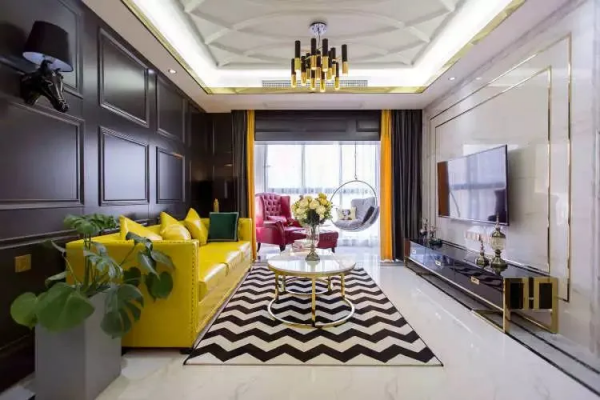 小戶型也能駕馭輕奢風，配色豔而不俗，黃銅+大理石高階感爆棚