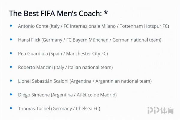 FIFA年度最佳教練候選：孔蒂、弗裡克、瓜帥、曼奇尼、圖赫爾