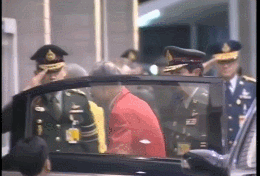 普密蓬下車動作慢了些，被侍衛關門磕碰到正臉，老泰王忍住怒火