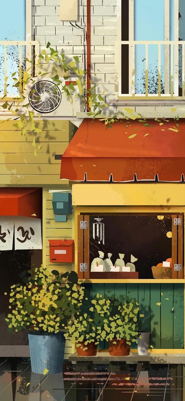 小清新動漫插畫桌布，治癒的街邊小店