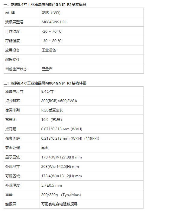 龍騰8.4寸液晶屏M084GNS1 R1引數介紹